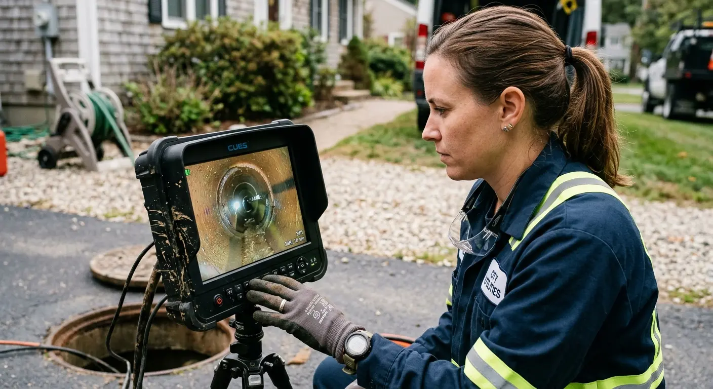 Technician reviewing sewer camera inspection footage in Whiskey Creek