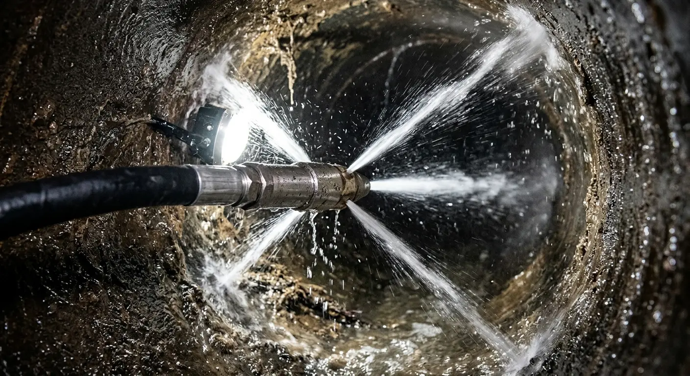 High-pressure hydro jetting nozzle cleaning sewer pipe for Emergency Drain Service in Whiskey Creek