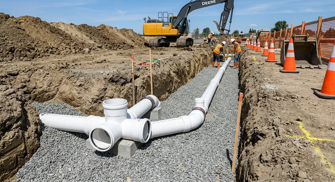 New PVC sewer pipe installation in open trench for Sewer Camera Inspection in Whiskey Creek