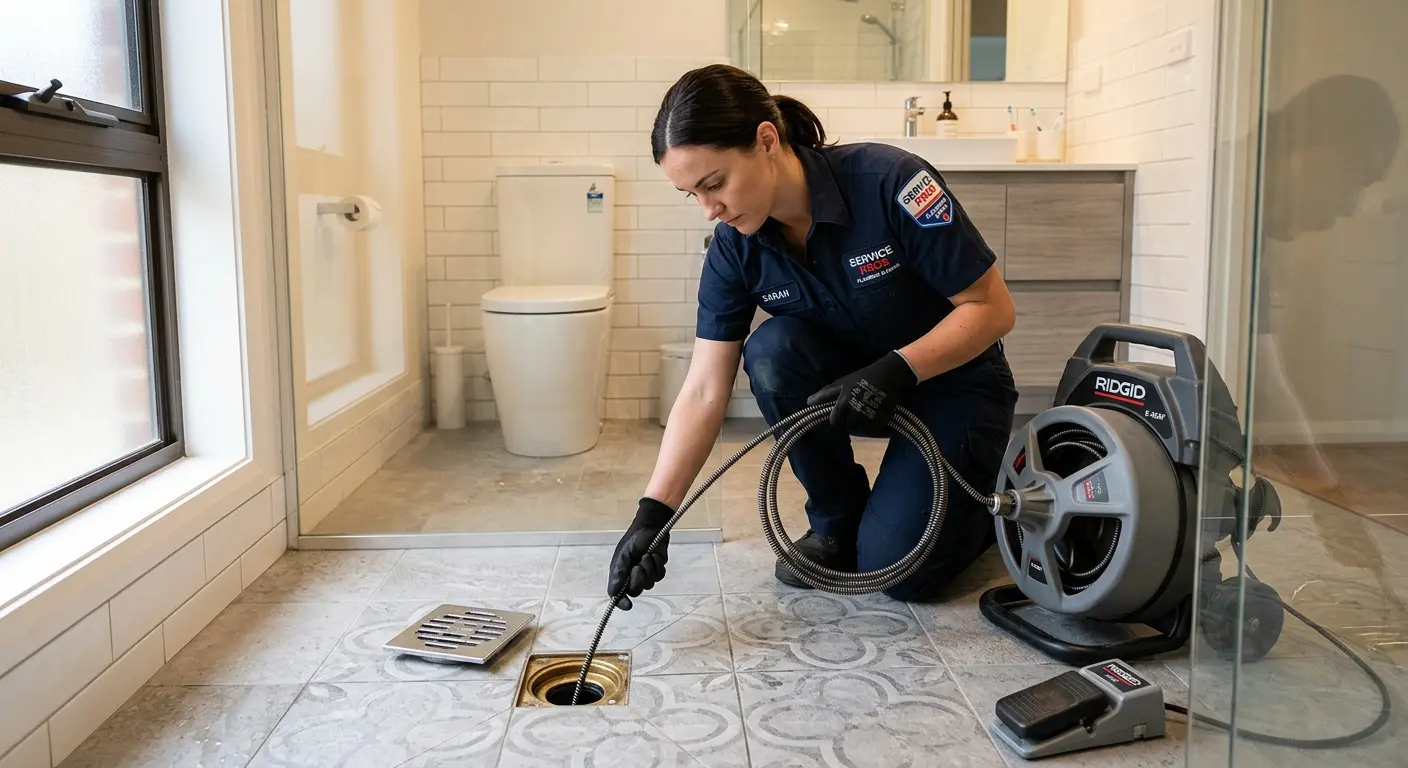 Technician clearing a bathroom floor drain for Drain Cleaning in Whiskey Creek
